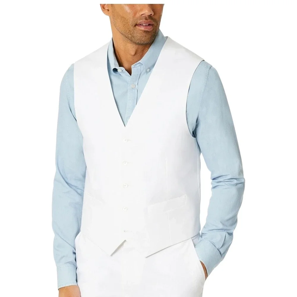 Tommy Hilfiger Mens Modern fit Button-Up Suit Vest Large White Solid Stretch